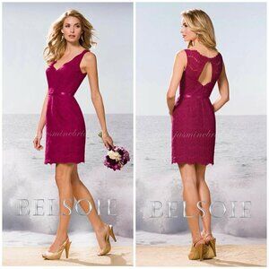 Belsoie Sz 12 V Neck Eyelash Lace Sheath Shift Dress Scalloped Berry Bridesmaid